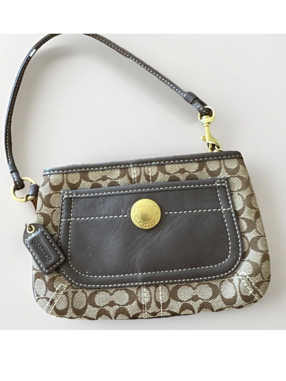 COACH Wristet/Small Purse Brown Signature Jacquard Leather Front Pocket  EUC